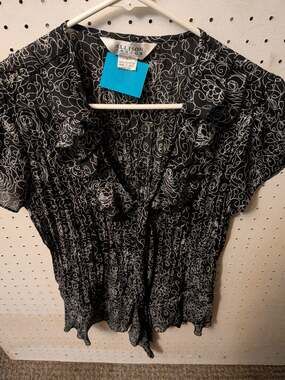 Allison Taylor Women's Black and White Floral Ruffle Blouse, Size L